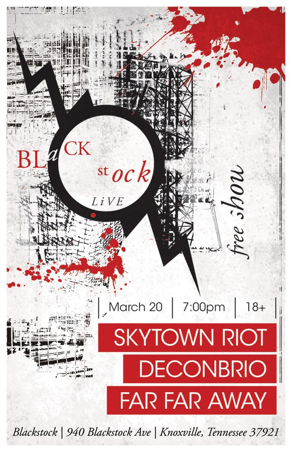 Poster design: Skytown Riot, Deconbrio, and Far Far Away, live at The Concourse. Design by Danny Rendo / Devillin Labs